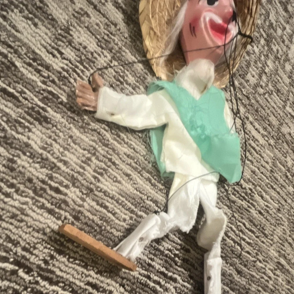 String Marionette Puppet w/ Wooden Cross Controller, Straw Hat, Green Vest
